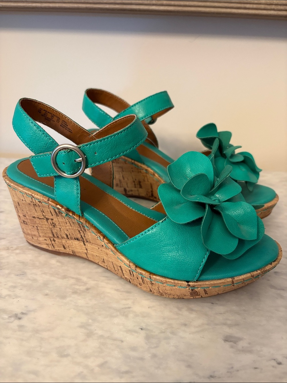 Jaclyn Smith Teal Floral Cork Wedge Sandals size 7 NNT - Picture 1 of 9